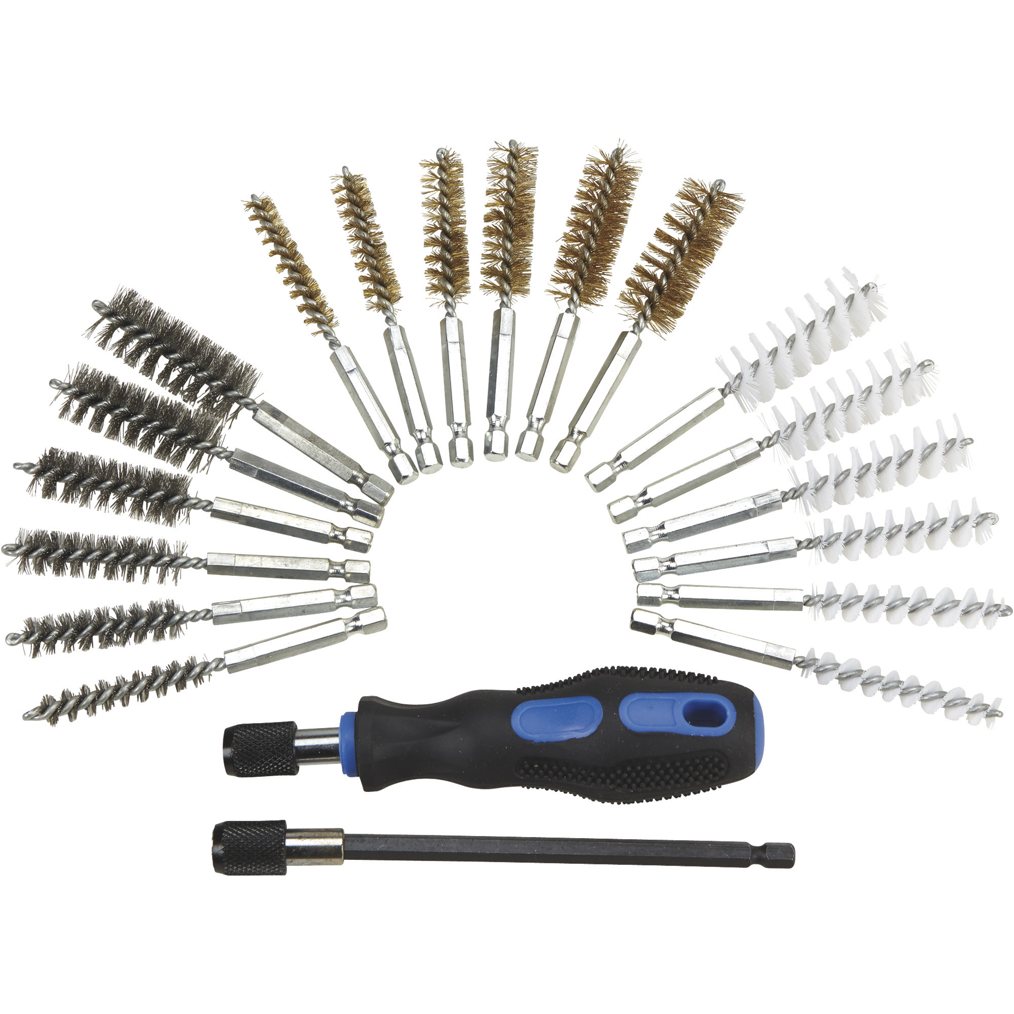 Klutch Bore Brush Set, 20-Pc., 1/4in.–1in. Dia., Nylon/Stainless/Brass, Drill Compatible
